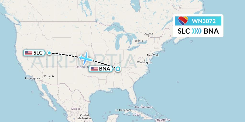 WN3072 Southwest Airlines Flight Map: Salt Lake City to Nashville