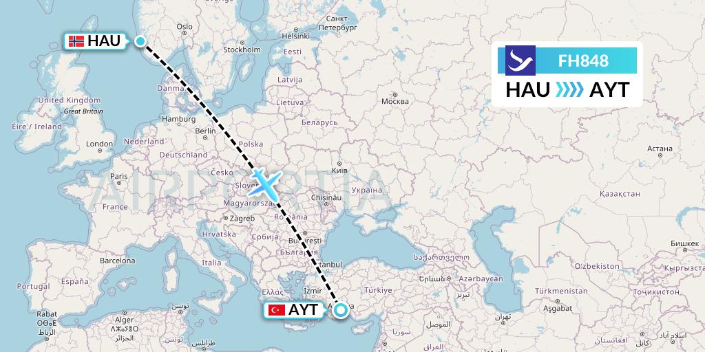 FH848 Freebird Airlines Flight Map: Haugesund to Antalya