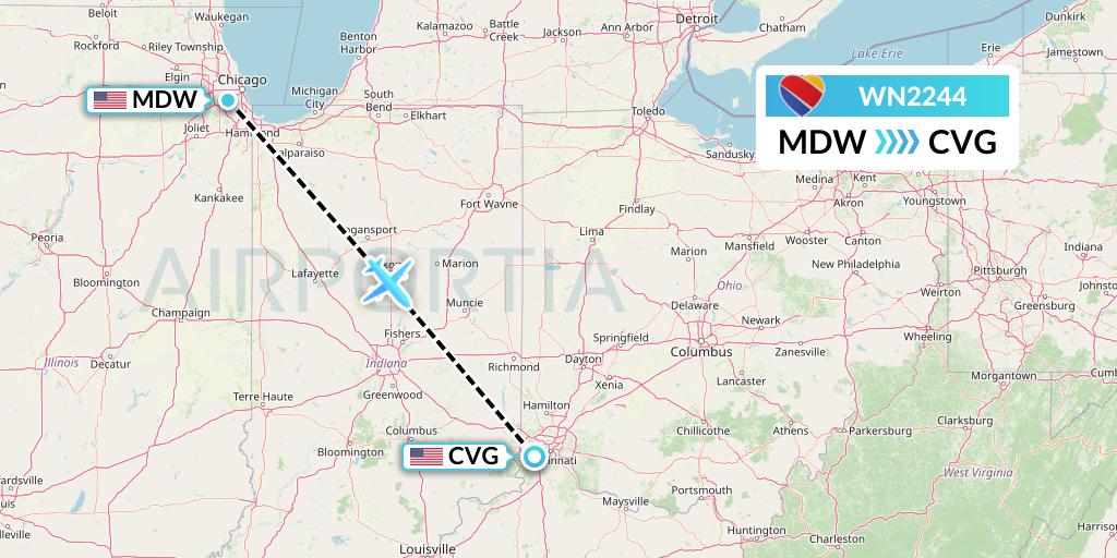 WN2244 Southwest Airlines Flight Map: Chicago to Cincinnati