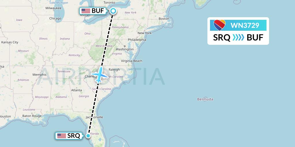 WN3729 Southwest Airlines Flight Map: Sarasota to Buffalo