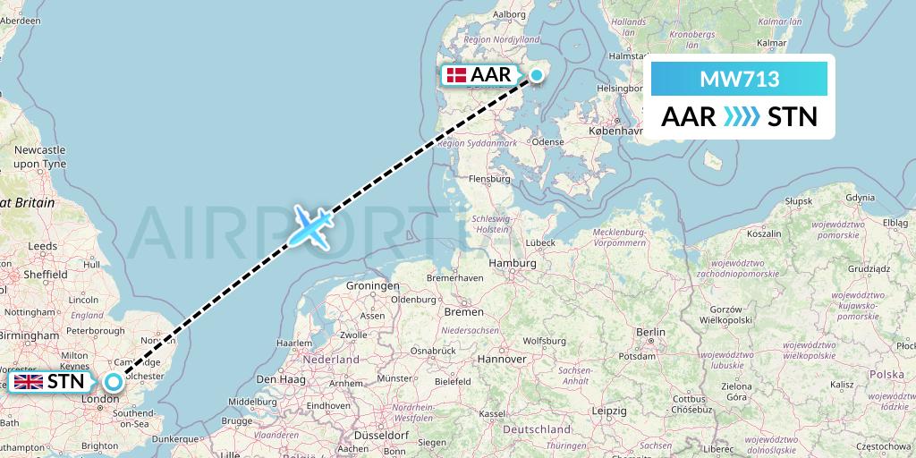 MW713 Mokulele Flight Service Flight Map: Aarhus to London