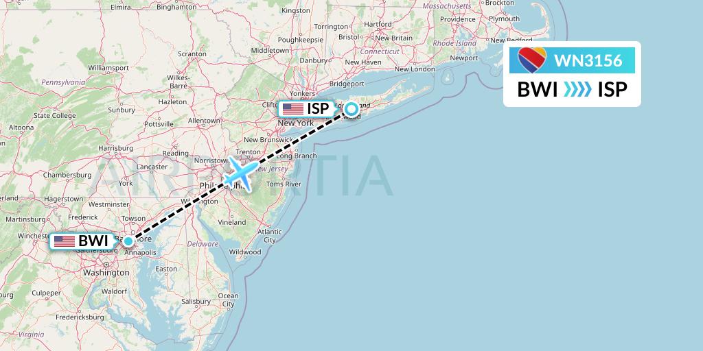 WN3156 Southwest Airlines Flight Map: Baltimore to Islip
