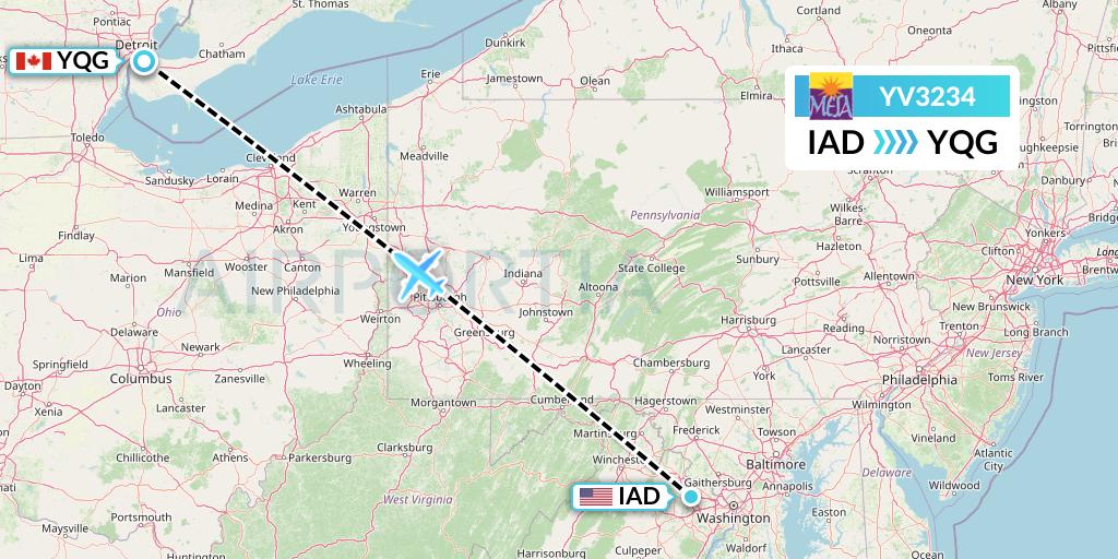 YV3234 Mesa Airlines Flight Map: Washington to Windsor