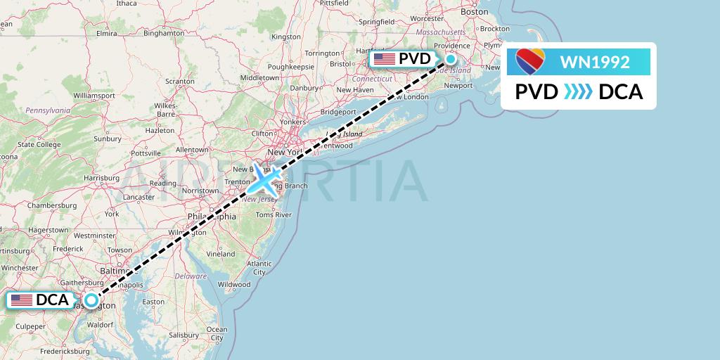WN1992 Southwest Airlines Flight Map: Providence to Washington