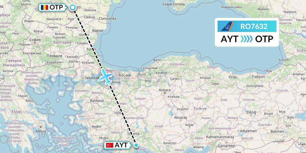 RO7632 Tarom Flight Map: Antalya to Bucharest
