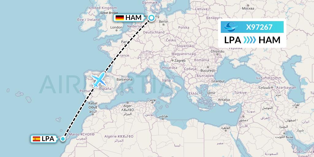 X97267 Avion Express Flight Map: Las Palmas to Hamburg