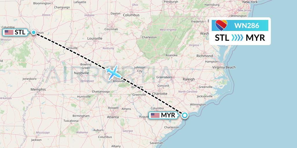 WN286 Southwest Airlines Flight Map: St. Louis to Myrtle Beach