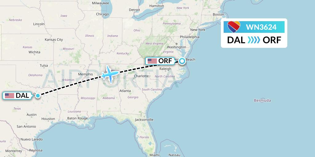 WN3624 Southwest Airlines Flight Map: Dallas to Norfolk