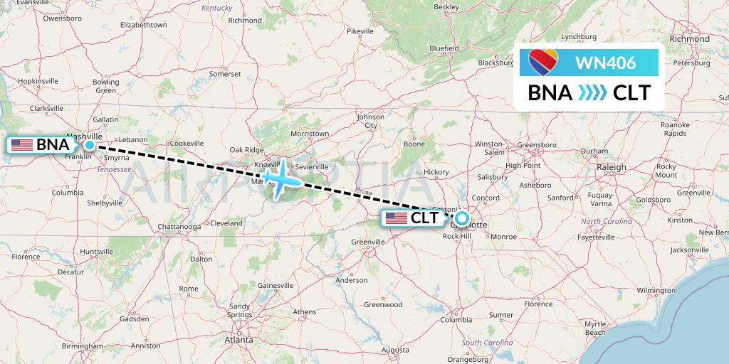 WN406 Southwest Airlines Flight Map: Nashville to Charlotte