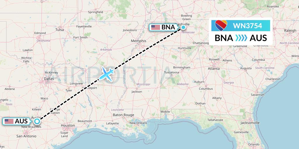 WN3754 Southwest Airlines Flight Map: Nashville to Austin