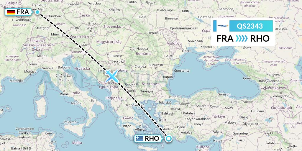 QS2343 Smartwings Flight Map: Frankfurt to Rhodes