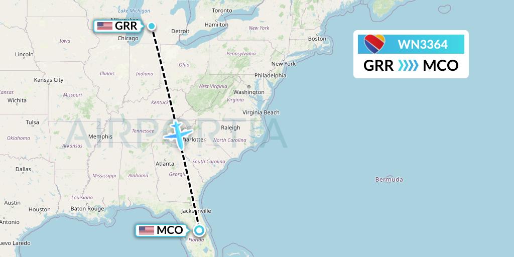 WN3364 Southwest Airlines Flight Map: Grand Rapids to Orlando