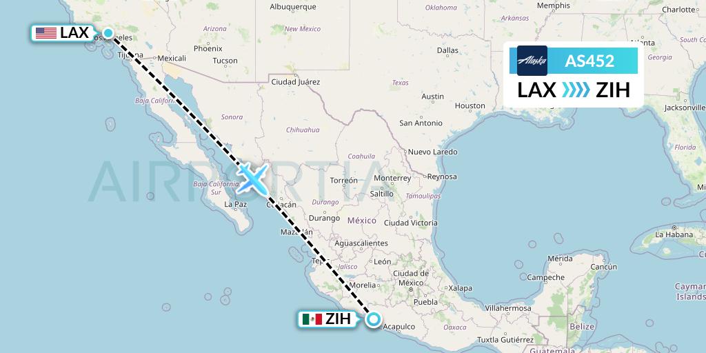 AS452 Alaska Airlines Flight Map: Los Angeles to Zihuatanejo