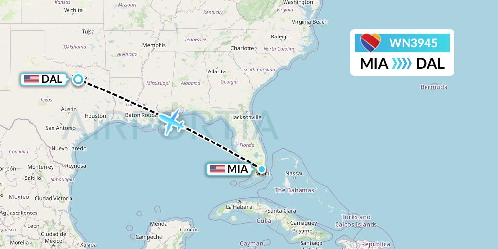 WN3945 Southwest Airlines Flight Map: Miami to Dallas