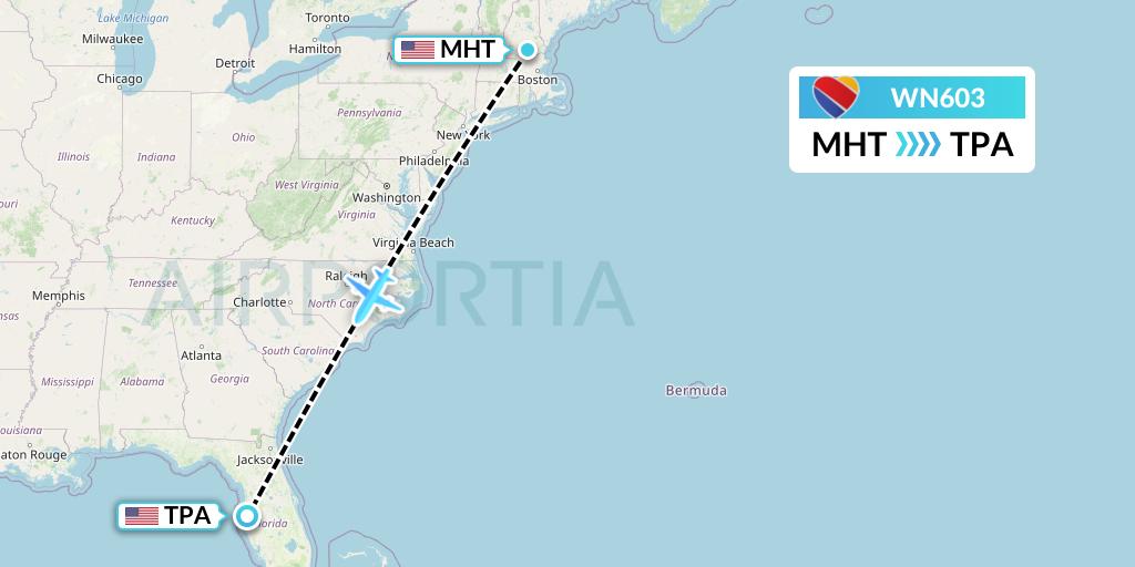 WN603 Southwest Airlines Flight Map: Manchester to Tampa