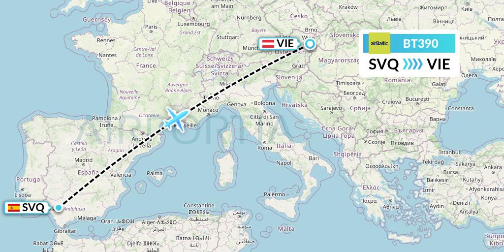 BT390 Air Baltic Flight Map: Seville to Vienna