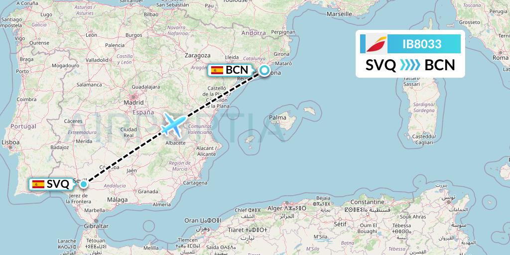 IB8033 Iberia Flight Map: Seville to Barcelona