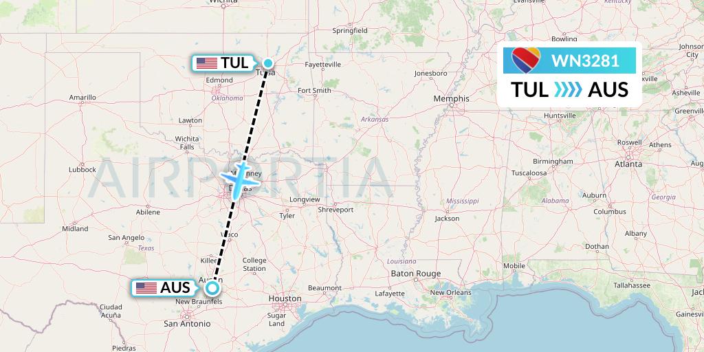 WN3281 Southwest Airlines Flight Map: Tulsa to Austin