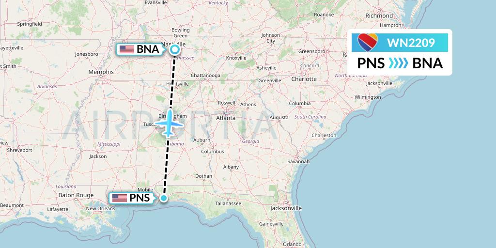 WN2209 Southwest Airlines Flight Map: Pensacola to Nashville