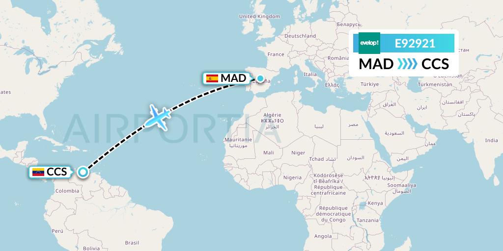 E92921 Evelop Airlines Flight Map: Madrid to Caracas