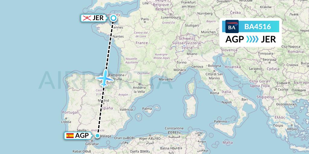 BA4516 British Airways Flight Map: Malaga to Jersey