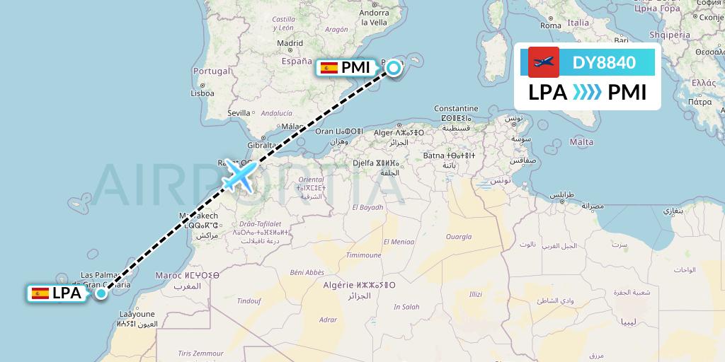 DY8840 Norwegian Flight Map: Las Palmas to Palma de Mallorca