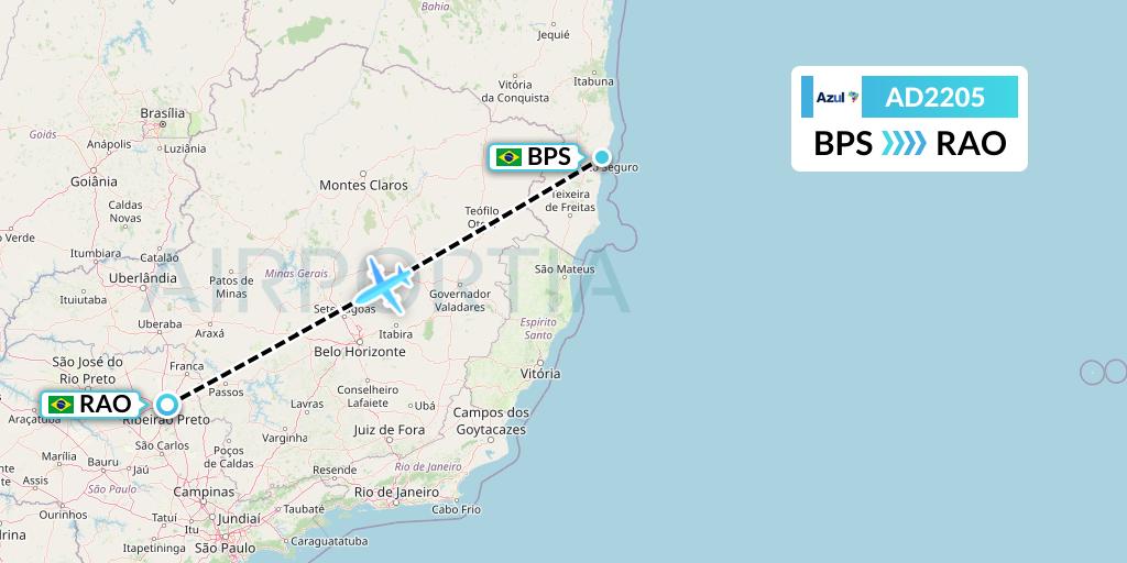 AD2205 Azul Brazilian Airlines Flight Map: Porto Seguro to Riberao Preto
