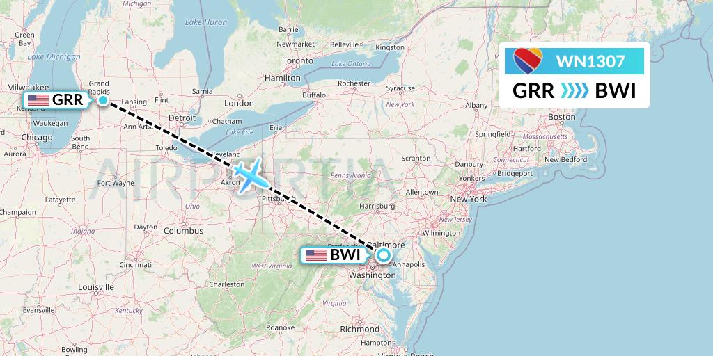 WN1307 Southwest Airlines Flight Map: Grand Rapids to Baltimore