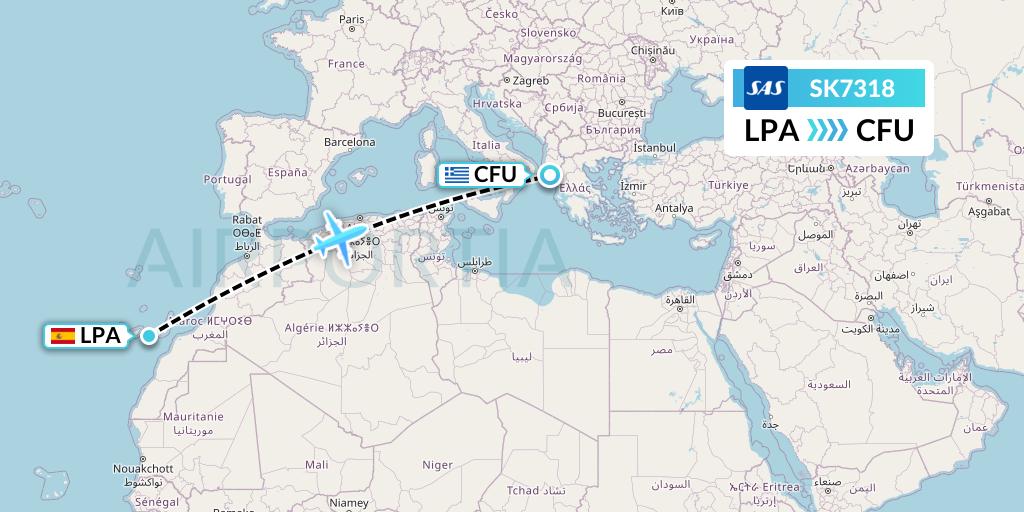SK7318 SAS Flight Map: Las Palmas to Corfu