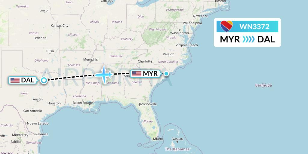WN3372 Southwest Airlines Flight Map: Myrtle Beach to Dallas