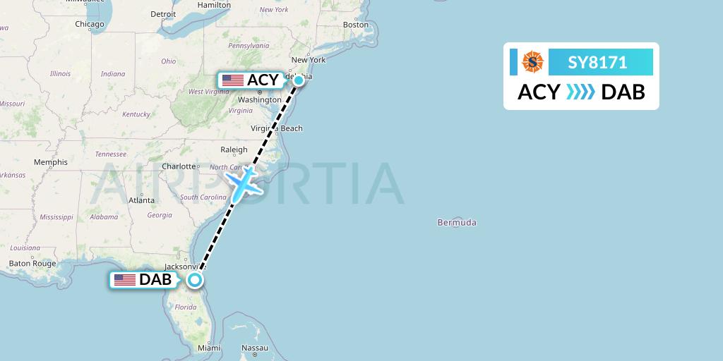 SY8171 Sun Country Airlines Flight Map: Atlantic City to Daytona Beach