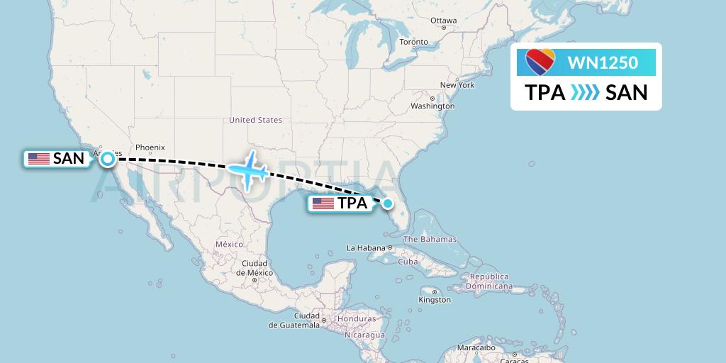 WN1250 Southwest Airlines Flight Map: Tampa to San Diego