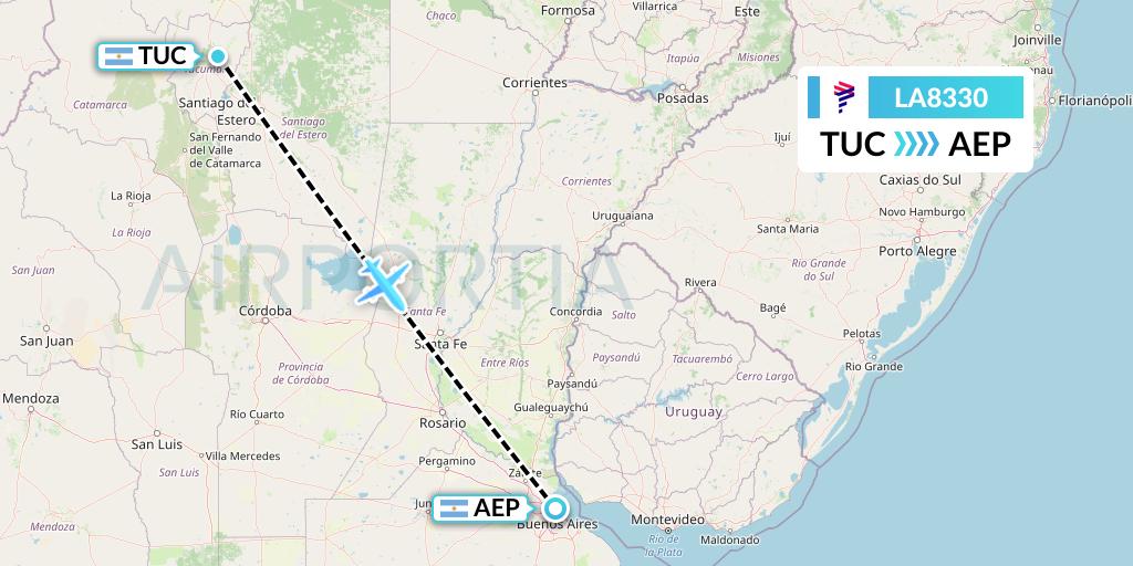 LA8330 LAN Airlines Flight Map: Tucuman to Buenos Aires