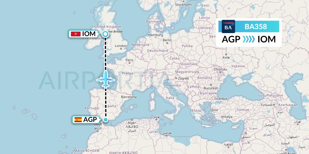 BA358 British Airways Flight Map: Malaga to Isle of Man