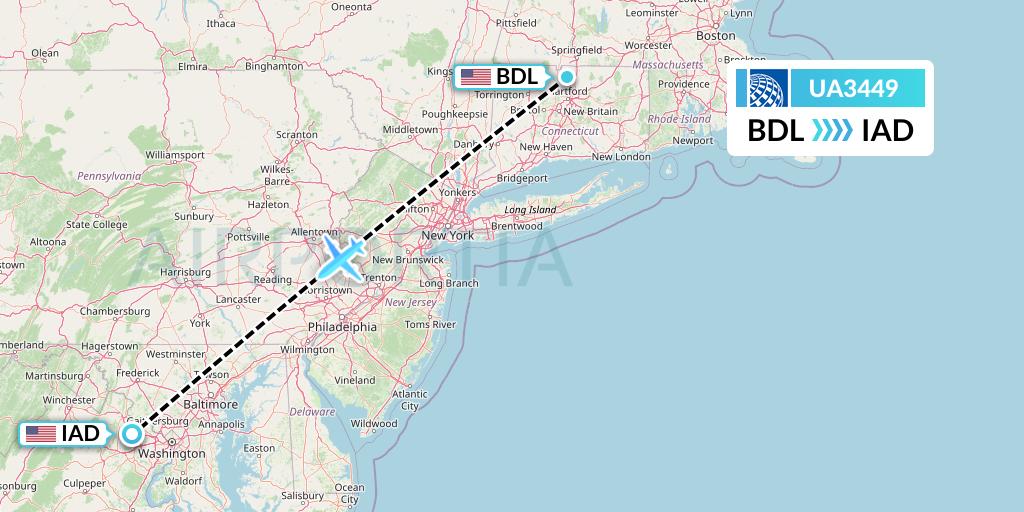 UA3449 United Airlines Flight Map: Windsor Locks to Washington