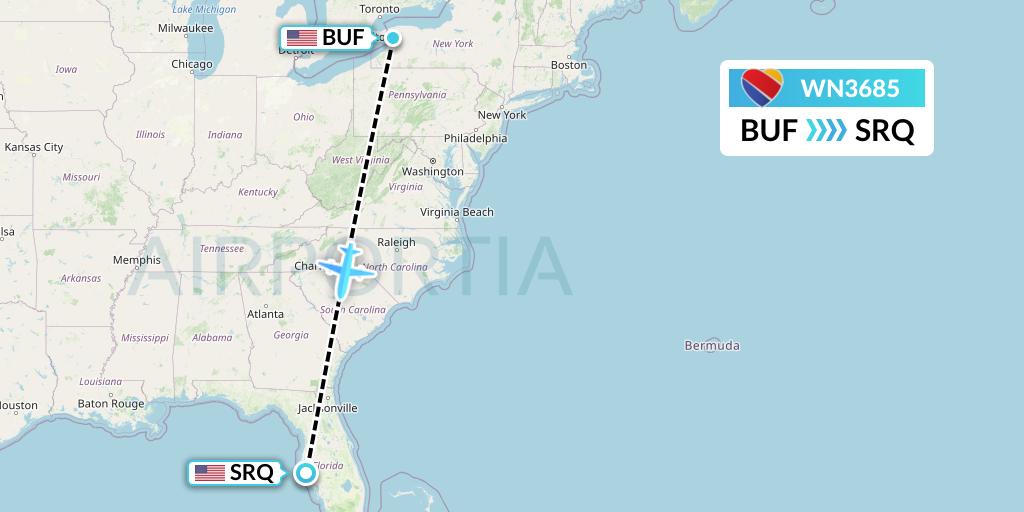 WN3685 Southwest Airlines Flight Map: Buffalo to Sarasota