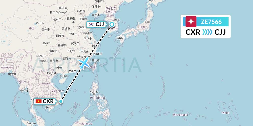 ZE7566 Eastar Jet Flight Map: Nha Trang to Cheongju
