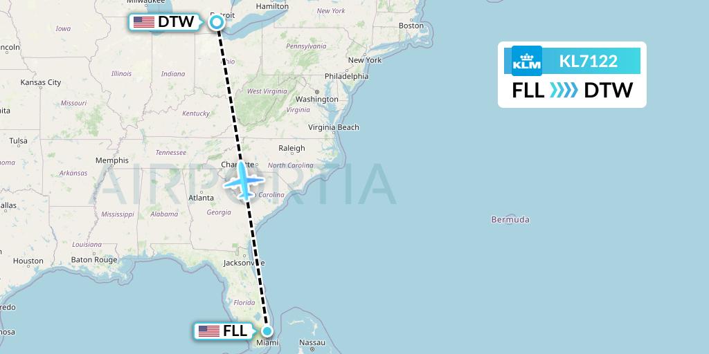KL7122 KLM Flight Map: Fort Lauderdale to Detroit