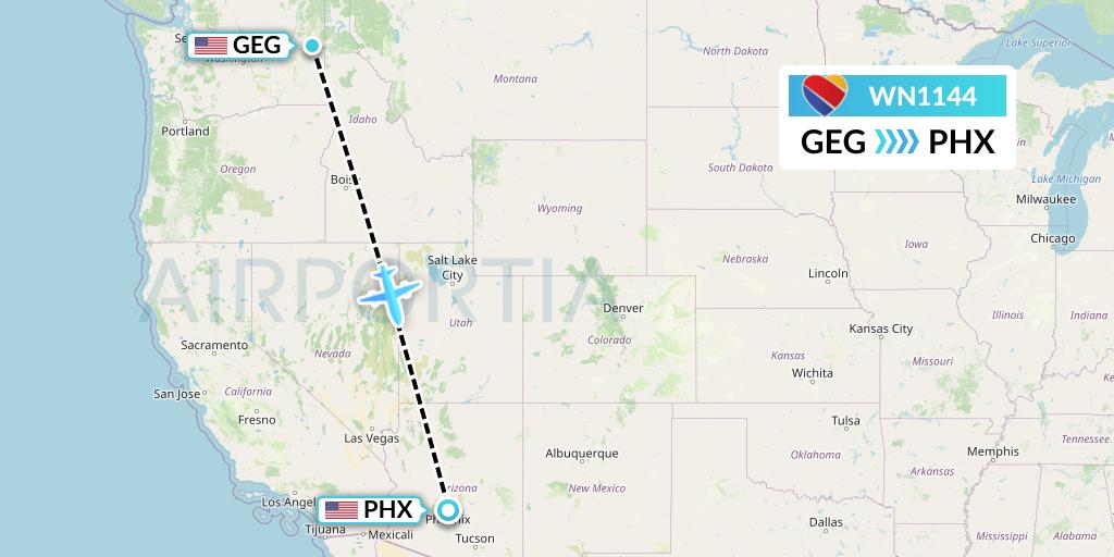 WN1144 Southwest Airlines Flight Map: Spokane to Phoenix