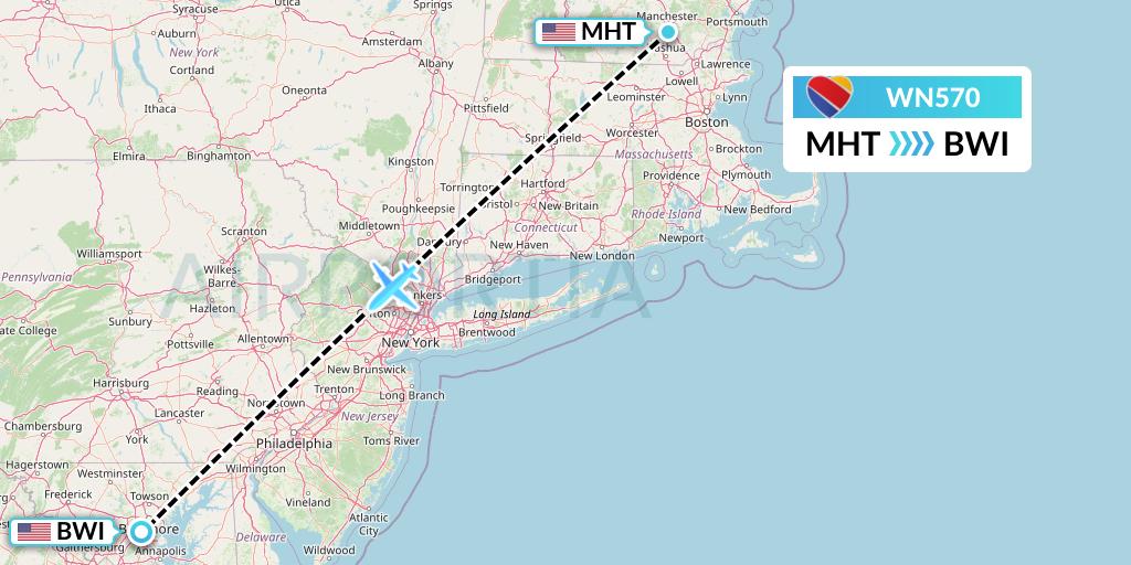 WN570 Southwest Airlines Flight Map: Manchester to Baltimore