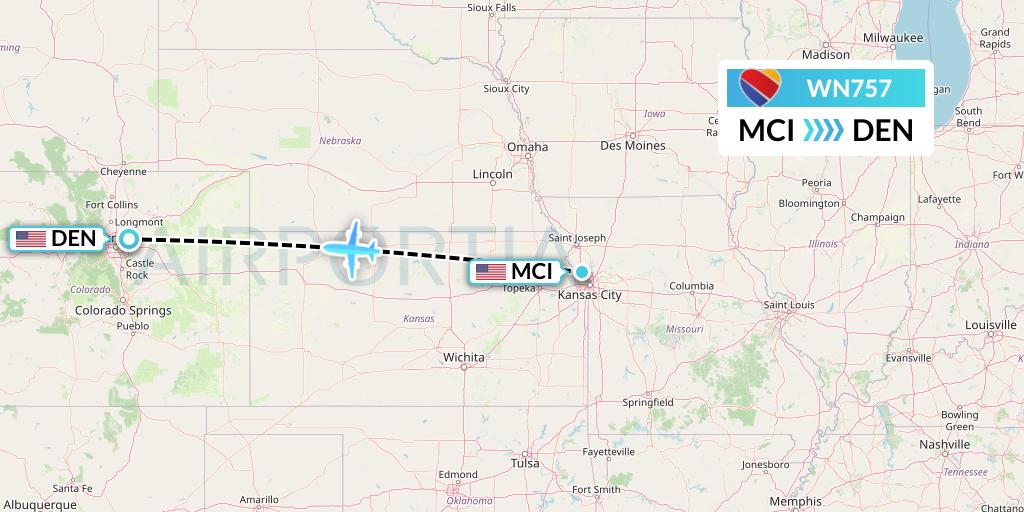 WN757 Southwest Airlines Flight Map: Kansas City to Denver
