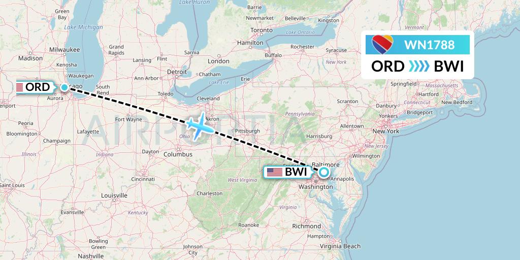 WN1788 Southwest Airlines Flight Map: Chicago to Baltimore