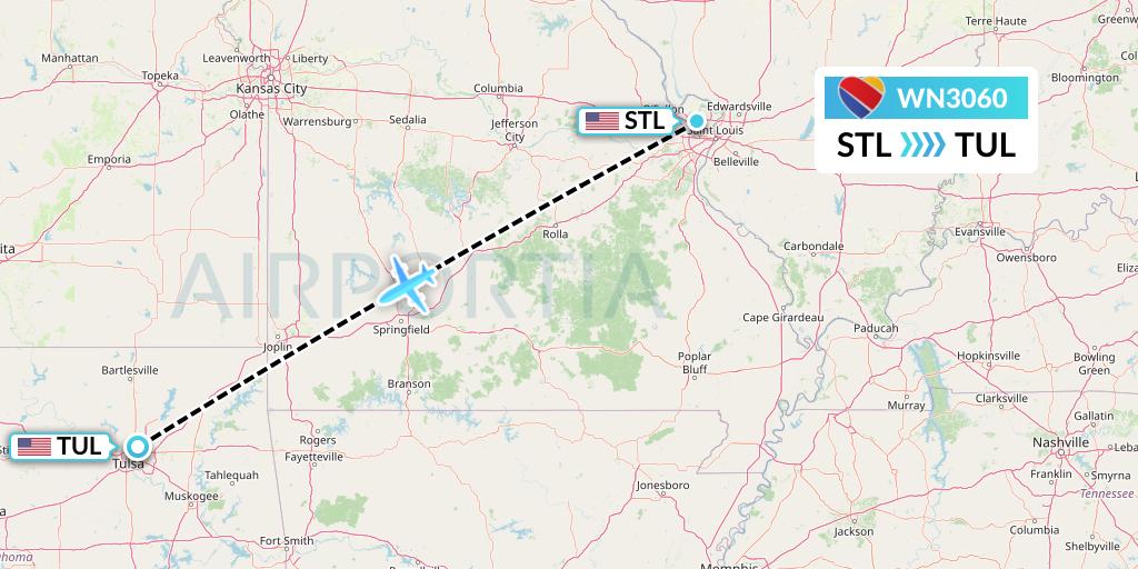 WN3060 Southwest Airlines Flight Map: St. Louis to Tulsa