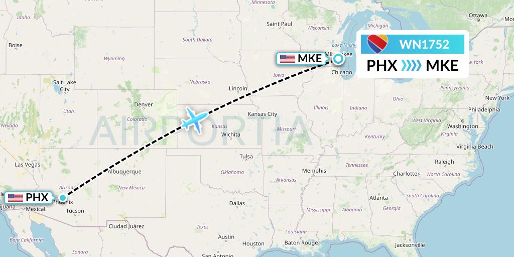 WN1752 Southwest Airlines Flight Map: Phoenix to Milwaukee