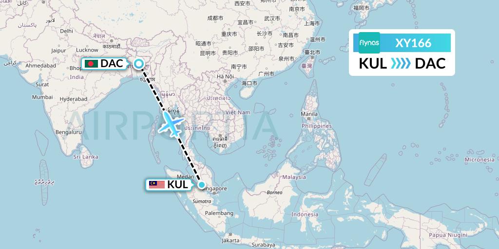XY166 Flynas Flight Map: Kuala Lumpur to Dhaka