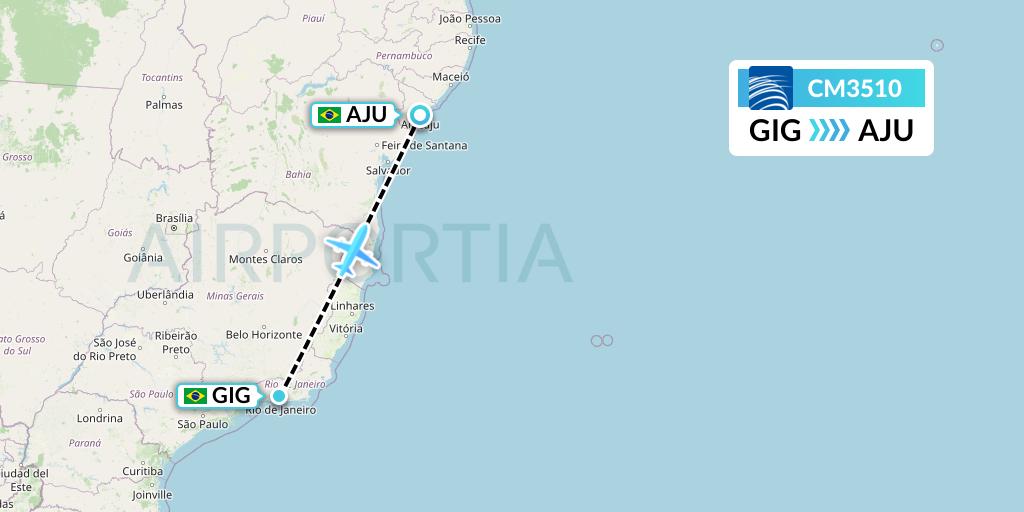 CM3510 Copa Airlines Flight Map: Rio de Janeiro to Aracaju