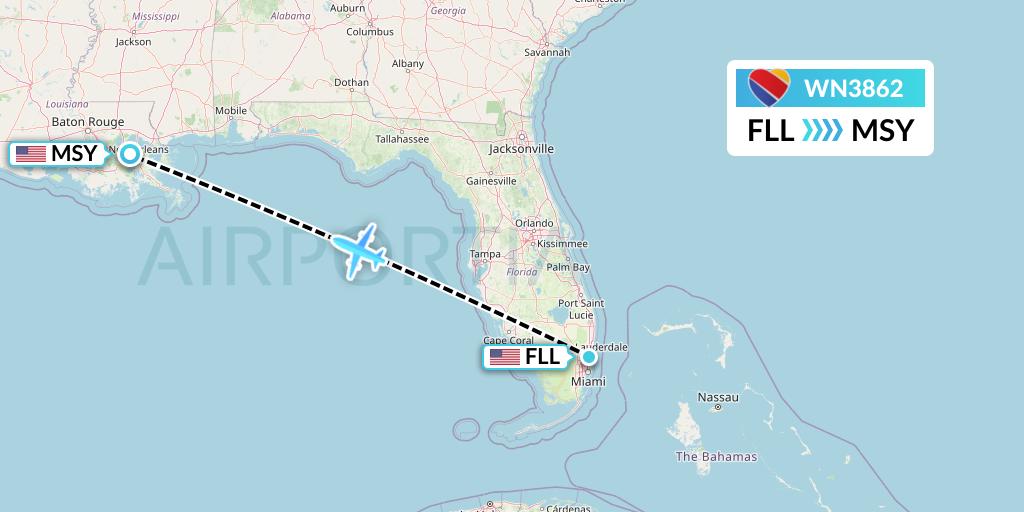 WN3862 Southwest Airlines Flight Map: Fort Lauderdale to New Orleans