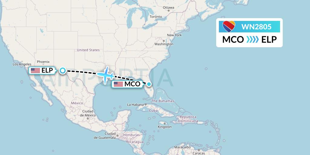 WN2805 Southwest Airlines Flight Map: Orlando to El Paso