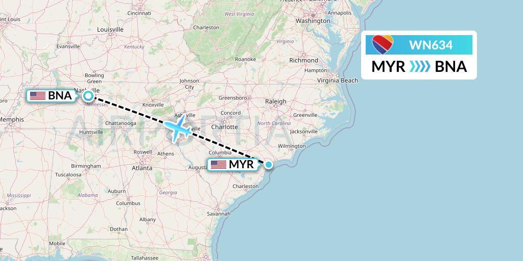WN634 Southwest Airlines Flight Map: Myrtle Beach to Nashville