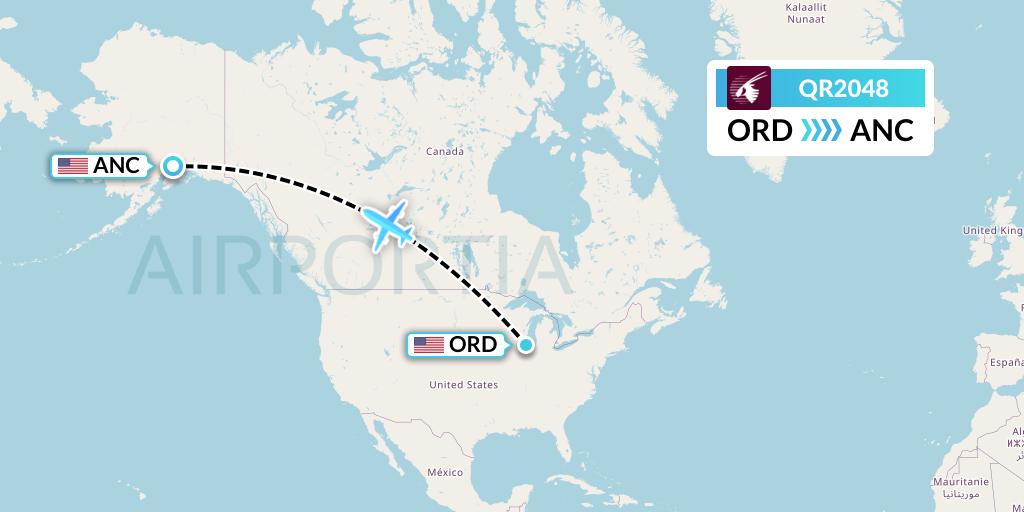 QR2048 Qatar Airways Flight Map: Chicago to Anchorage
